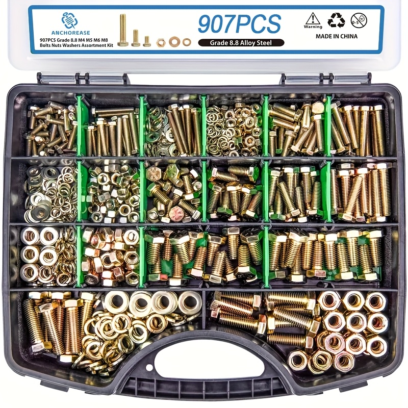 TEMU 907pcs Of 8.8 Grade Metric Kit, M4 M5 M6 M8 Heavy-duty Hexagonal And Nut Washer Kit, Plated Yellow, Length 12-30mm