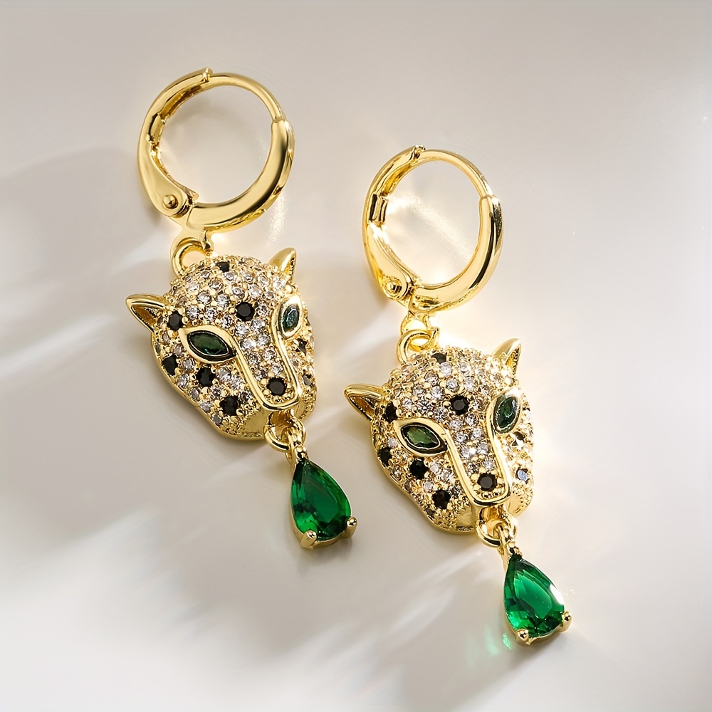 

Luxury Golden Leopard Head Drop Earrings With Green Zircon Accents, Cool Female Ear Ornaments