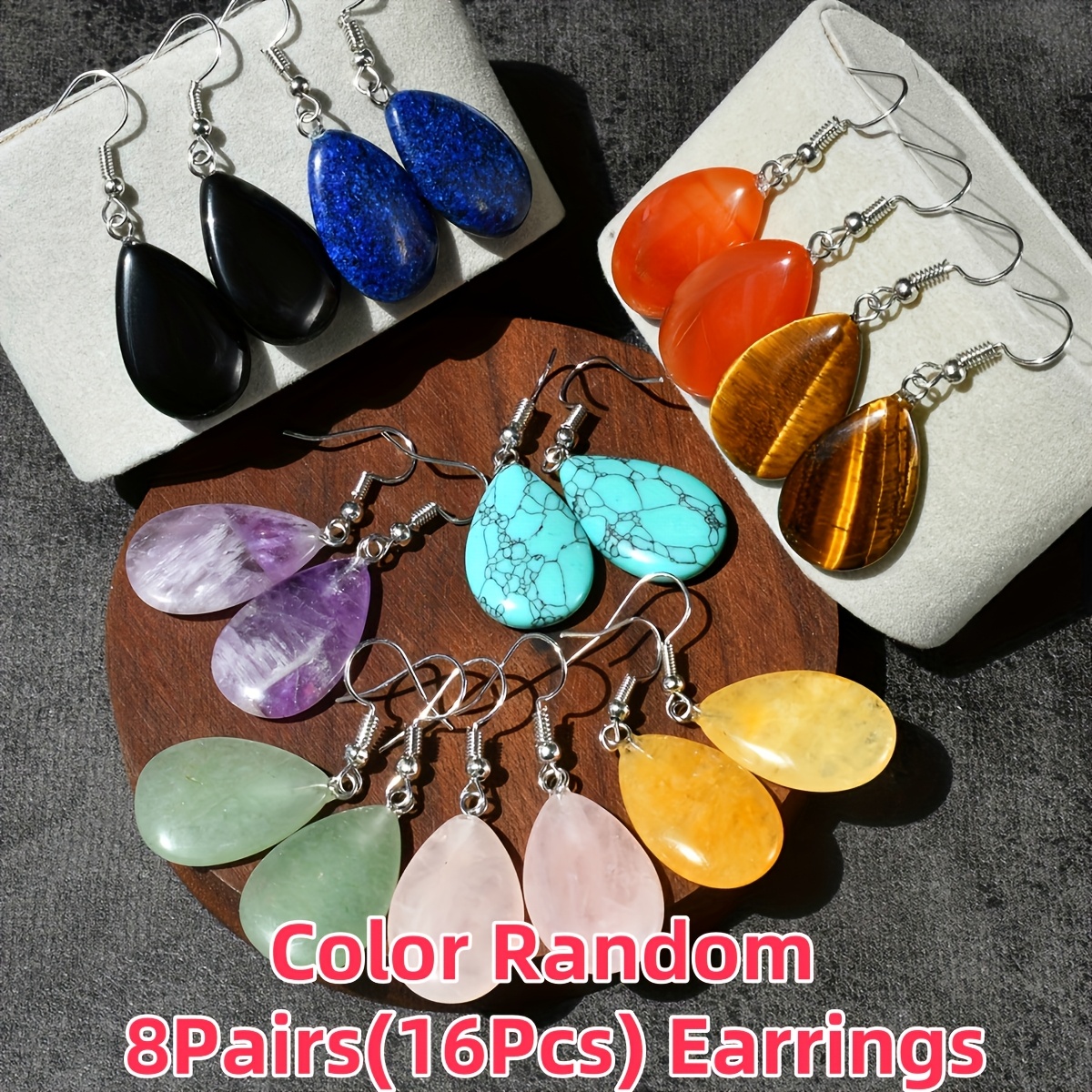 TEMU 8pairs (16pcs) Fashion Teardrop Stone Crystal Earrings Set For Women, Assorted Color, Water Drop Shape Design For Diy Ear Jewelry Making Kits, Gift