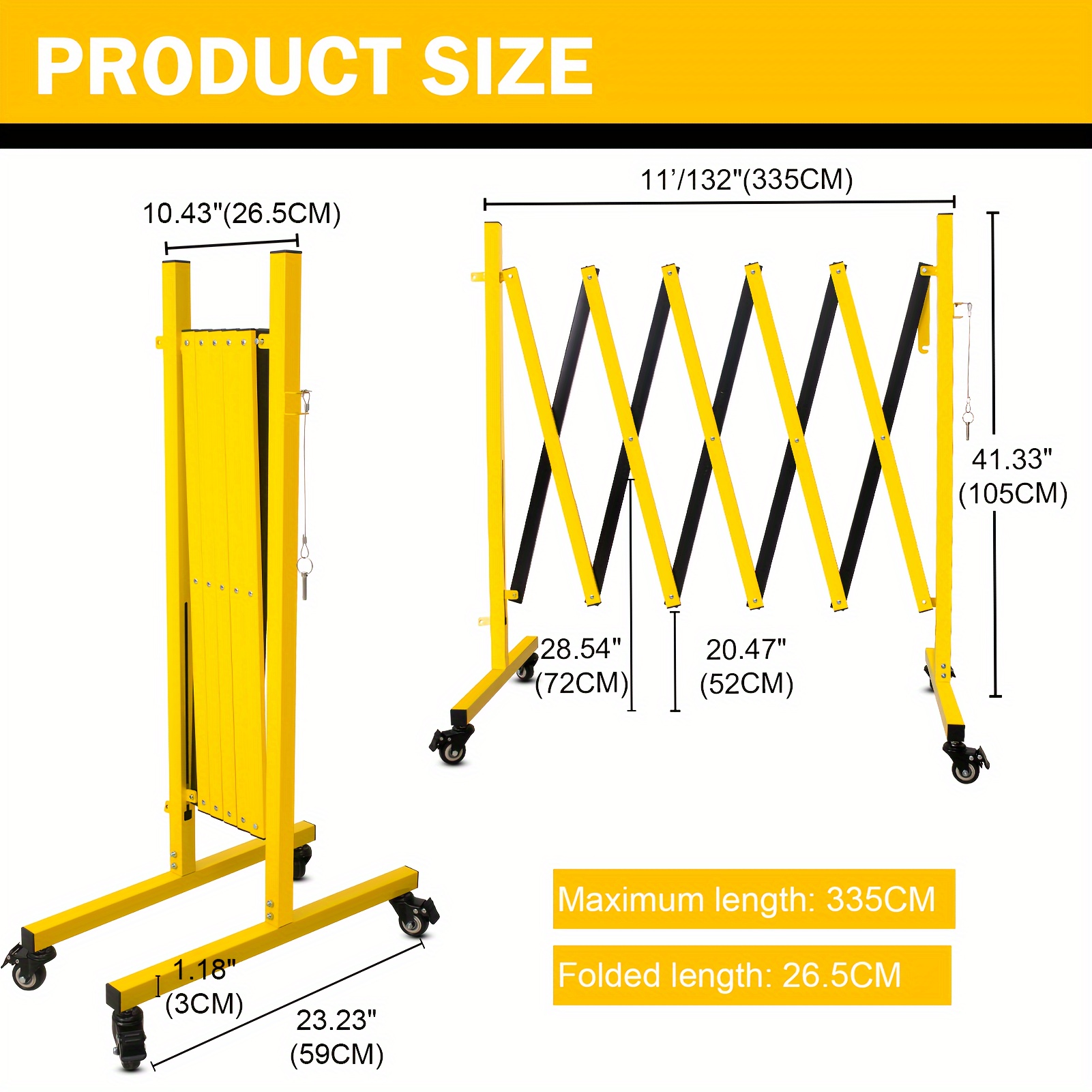 Industrial Expandable Metal Barricade 17 Feet, Yellow And Black Mobile Safety Barrier Gate, Retractable Traffic Fence With Casters, Folding Expandable Barricade For Road Construction, Garage