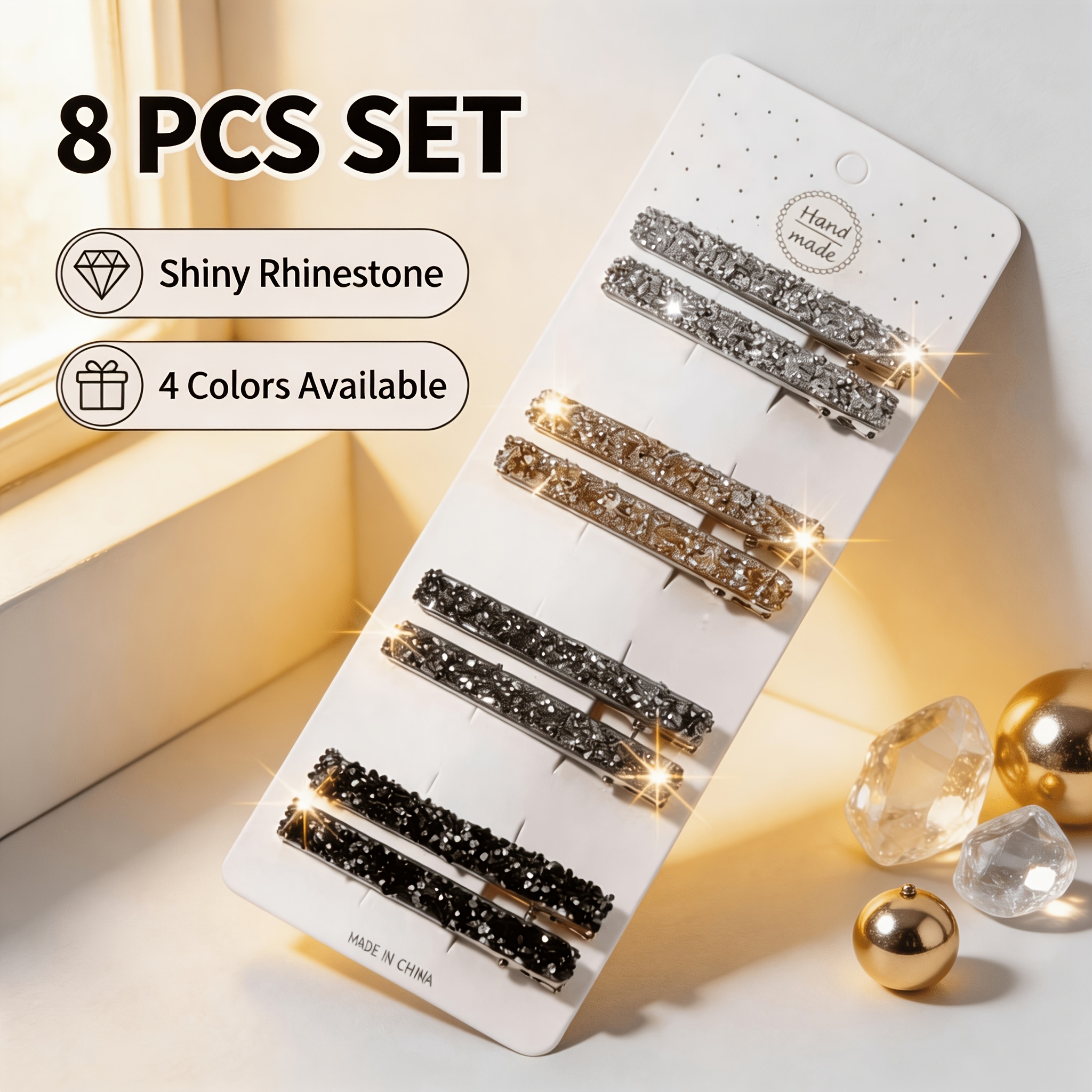 TEMU 8pcs Women' Rhinestone Hair Clips, Elegant Style, Duckbill Clamp Style, Women's Hair Accessories, Suitable For Daily , Dining, Shopping, Office,
