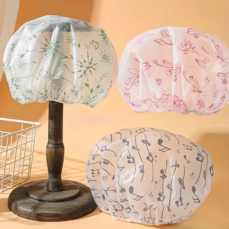 TEMU 3pcs Adjustable Printed Shower Caps, High Quality, Reusable, With Elastic Band, For Women' Salon