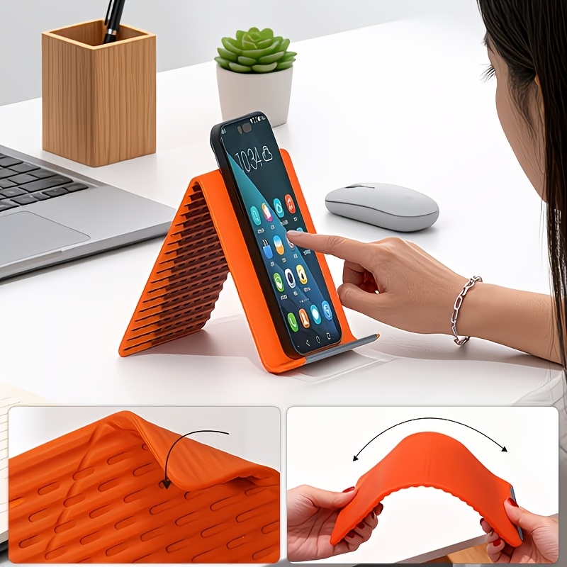a newly designed foldable stand that   shaped featuring an inner aluminum sheet and silicone material for flexible support and bending it serves multiple purposes perfectly compatible with phones tablets and laptops Product details 6