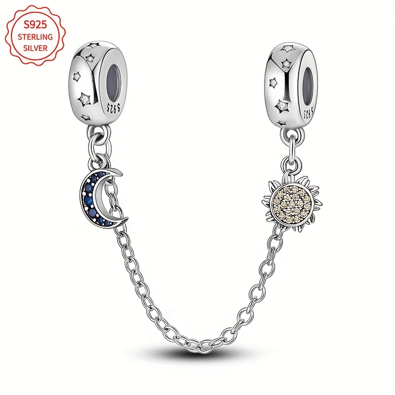 

925 Sterling Silver Pendant Charm Bead With Sparkling Stars And Moon Safety Chain Suitable For Wearing Jewelry Snake Bracelets And Necklaces Jewelry Valentine's Day, Day Gift Silver Weight 3g