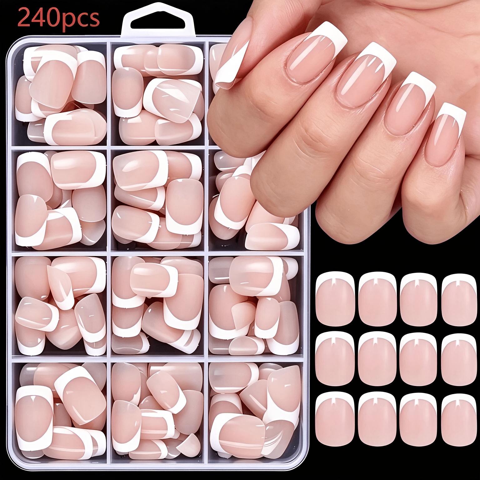 TEMU 240 pezzi di punte per manicure francese corte, quadrate, bianche e lucide, e 2 kit di strumenti, 12 misure per donne e nail art