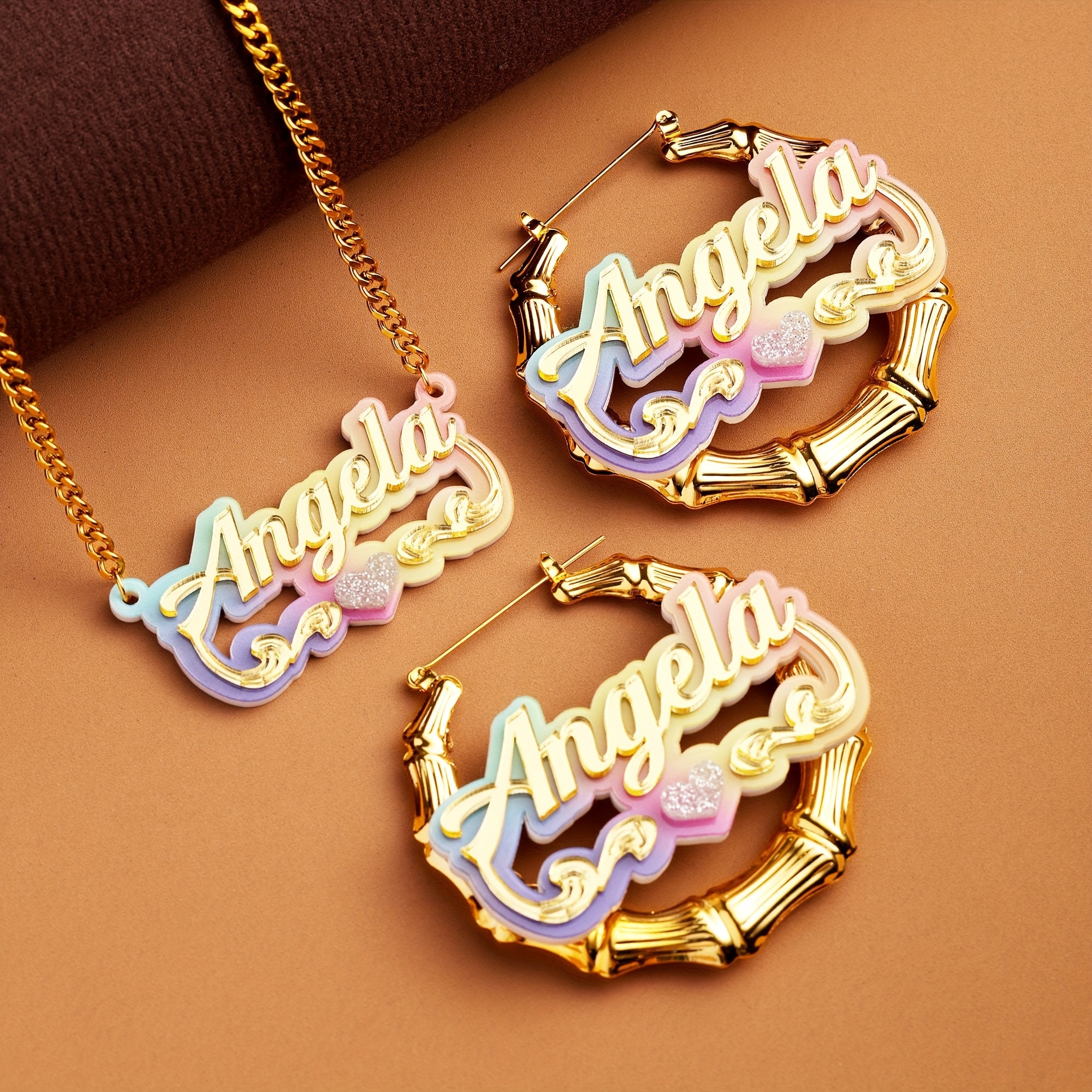 2pcs Personalized Name Acrylic Earrings/Necklace Set Y2k Rainbow Gradient Christmas Customized Acrylic DIY 60mm Round Bamboo Knot Sign Creative English Letters 17.72inch Cuban Chain Necklace New Year Gift