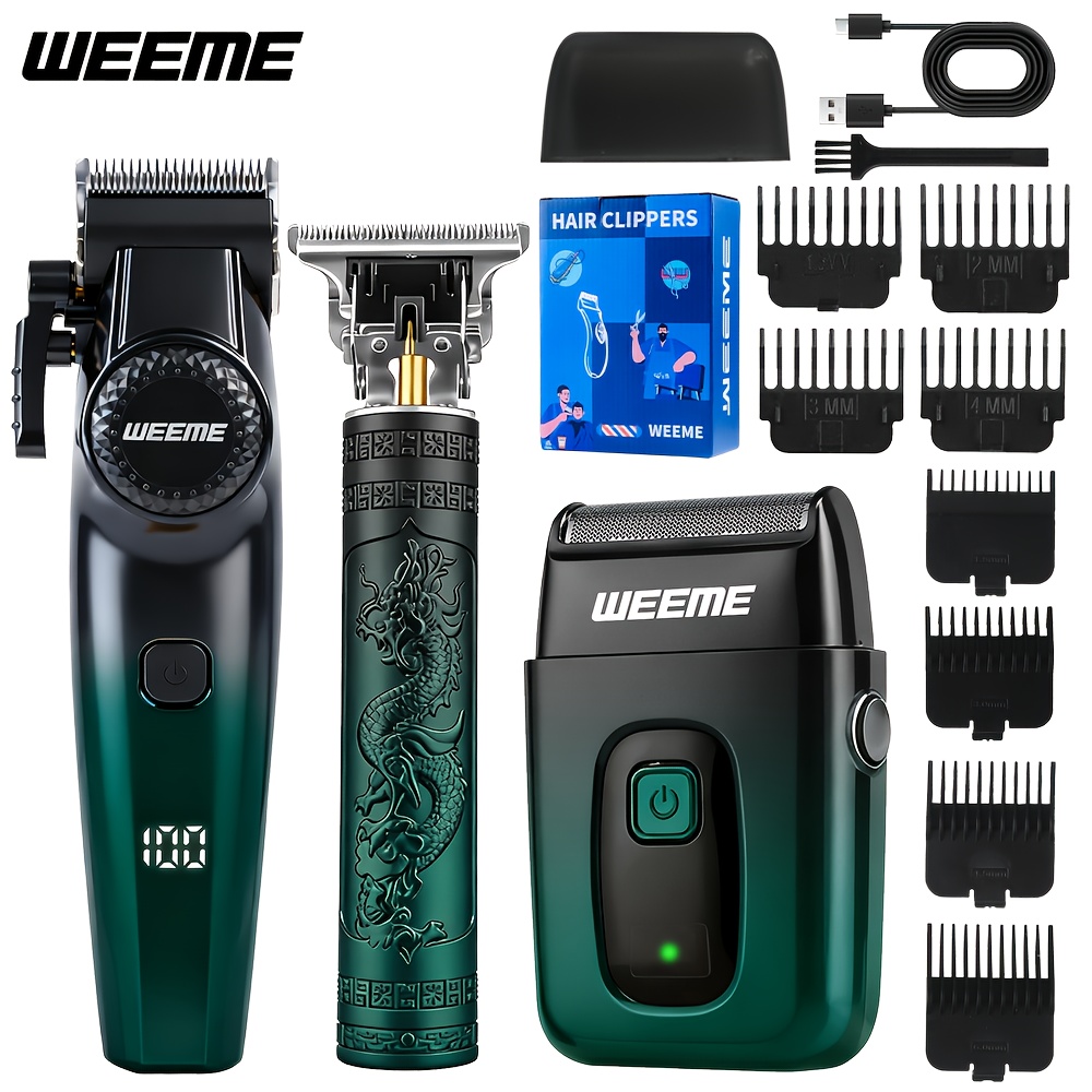 Image of Weeme 3pcs Set Of Gradient Green Professional Hair Scissors And Shaving Kit, Beard Trimmer, Electric Hair Scissors Set, Rechargeable Men' Set, Christmas Gift, Father's Day Gift
