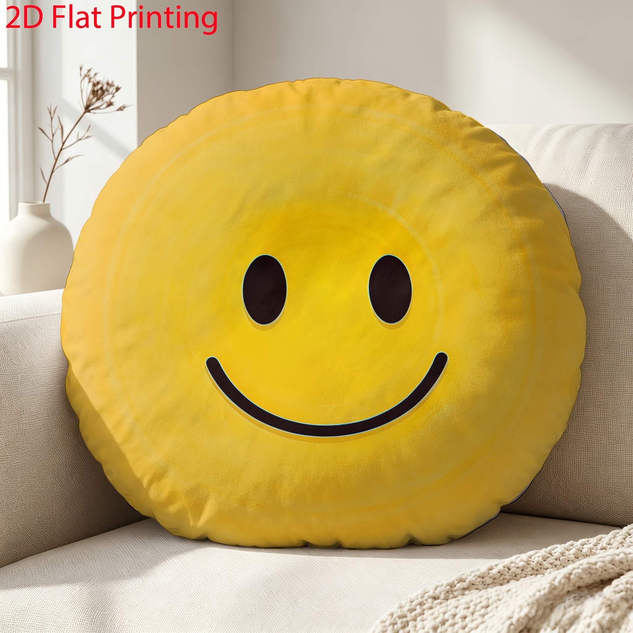 TEMU 1pc Stylish 2d Pattern Happy Face + Decorative Round Floor Cushion Seat Pad, Premium Accent Pillow For Sofa Bedroom Living Room Reading Nook,