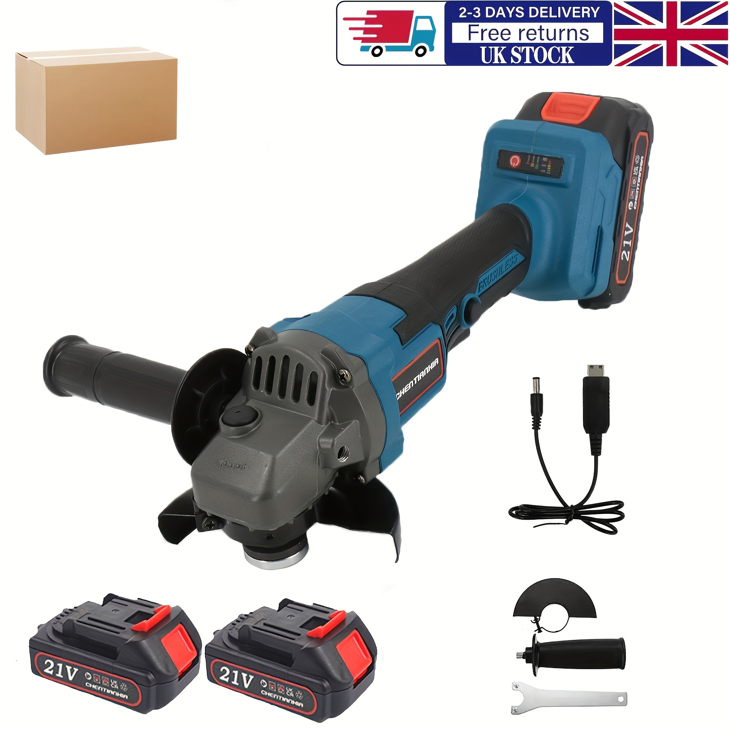 21v brushless electric angle grinder 125mm cordless grinding wheel diameter with 2 battery auxiliary handle for grinding polishing and rust removal suitable for automobile and home decoration
