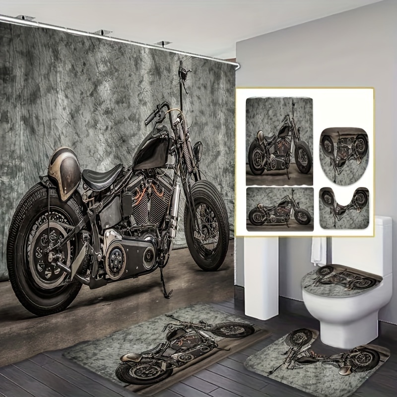 

Vintage Motorcycle Pattern Bathroom Shower Curtain Set With Partially Lined Water-resistant Polyester Curtain, Twill Weave, Universal Holiday Home Decor, Includes 12 Hooks - 1/4 Piece Set