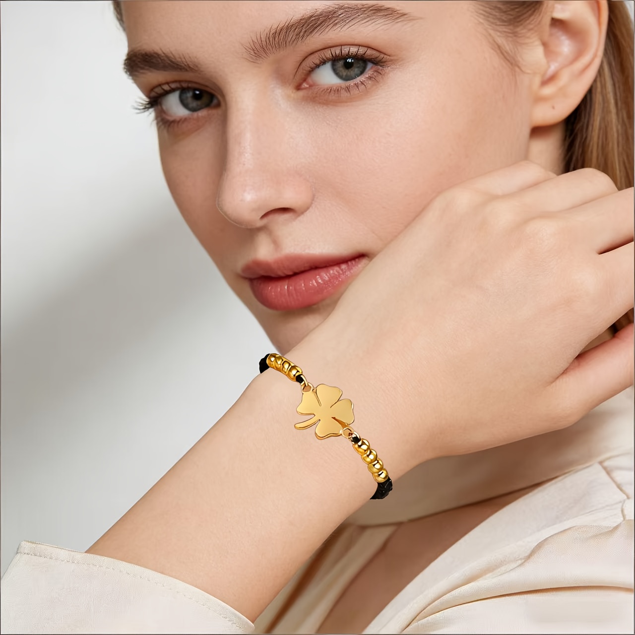 Red/Black Braided Rope Bracelet with Golden Clover Pendant