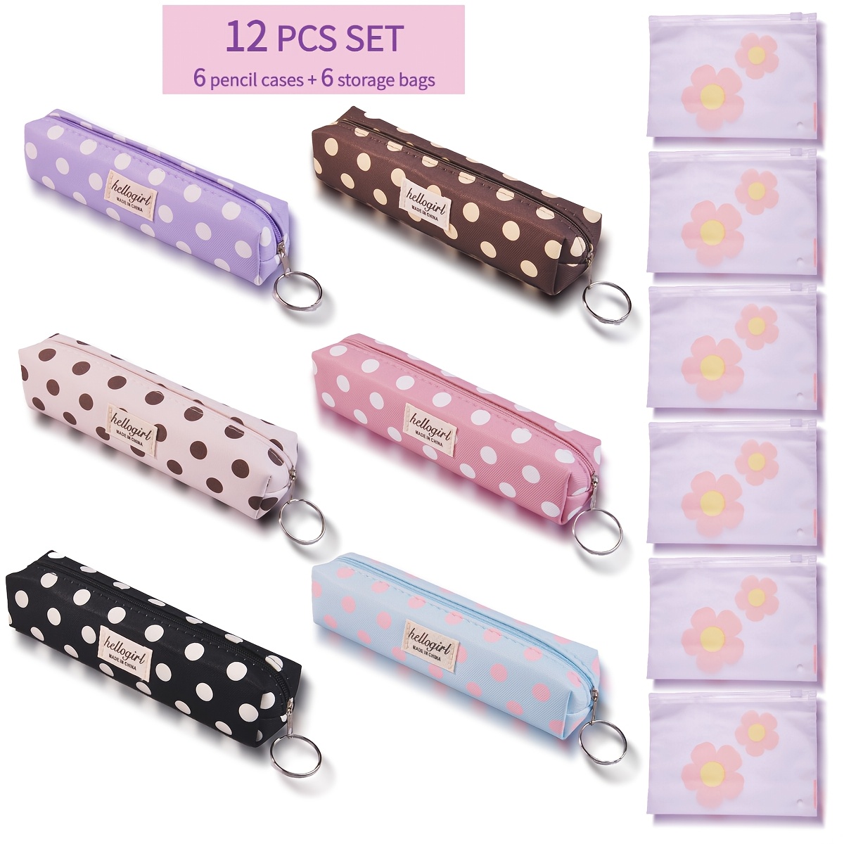 TEMU 12pcs Polka Dot Print Pencil Case Set, Including 6 Long Zipper Pencil Cases And 6 Flower Print Storage Pouches, A Portable Gift Combo For Makeup