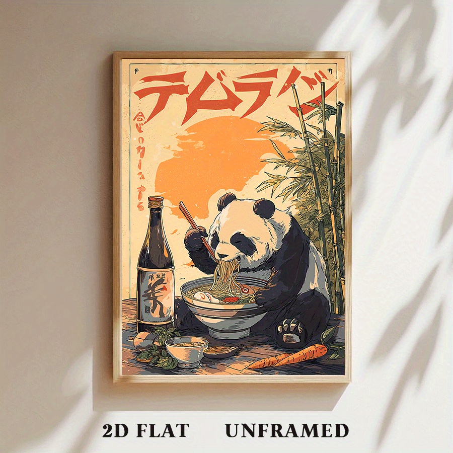 Affiche vintage impression sur toile art japonais " Panda mangeant du ramen "
