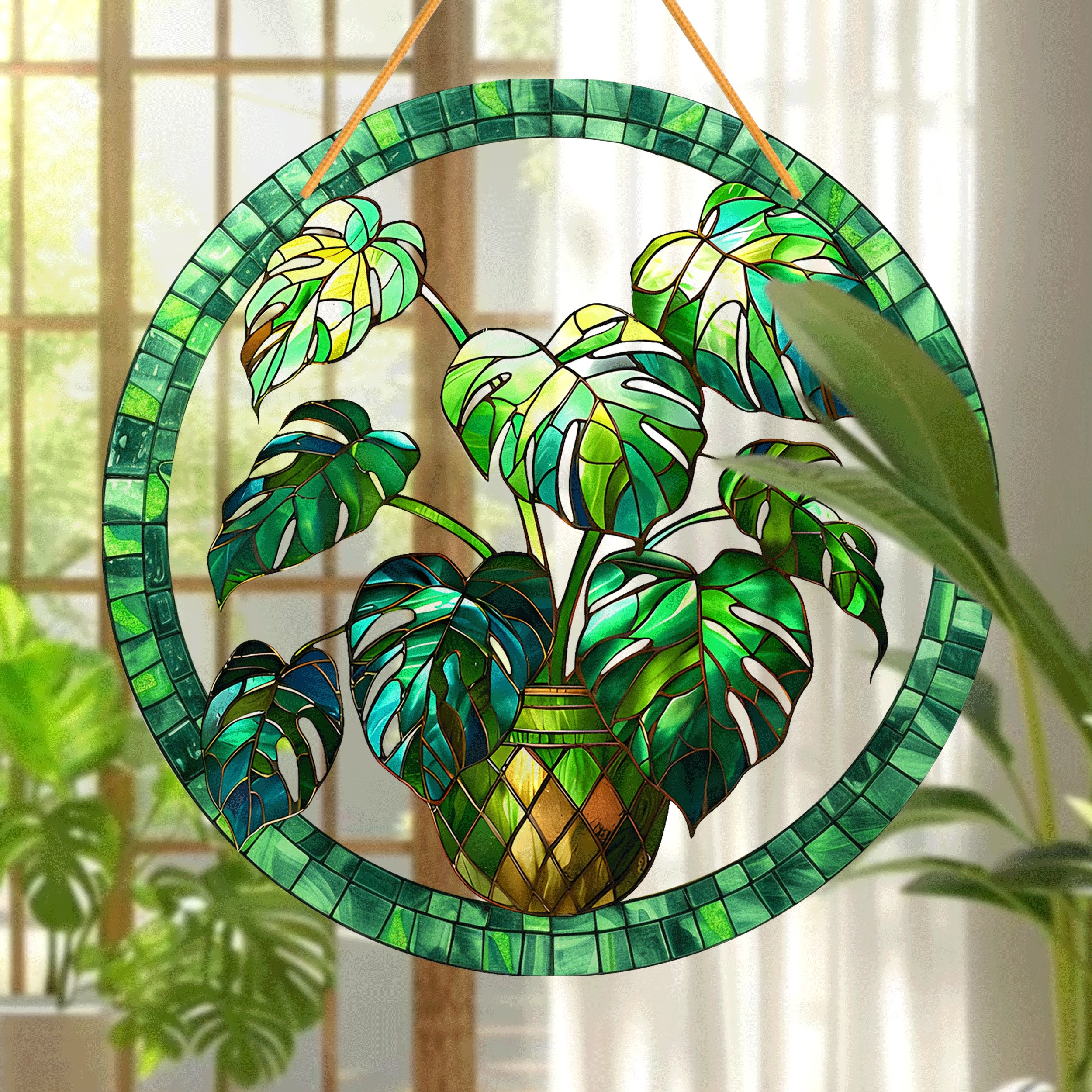 

8 Inch (20cm) Stained Glass Plant Hanging Decoration - Green Monstera Leaves In A Vase - Outdoor/indoor Use - Waterproof - Hd Printing - No Fading - Weather Resistant - Perfect Gift For Nature Lovers