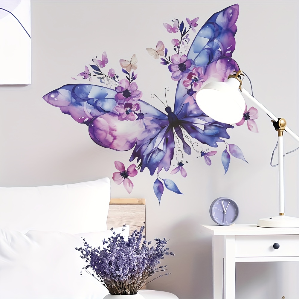 

Purple Butterfly Flower Wall Decal - Art Deco Style Plastic Self-adhesive Detachable Single Use Wall Sticker For Bedroom, Living Room, Kitchen, And Office Decor