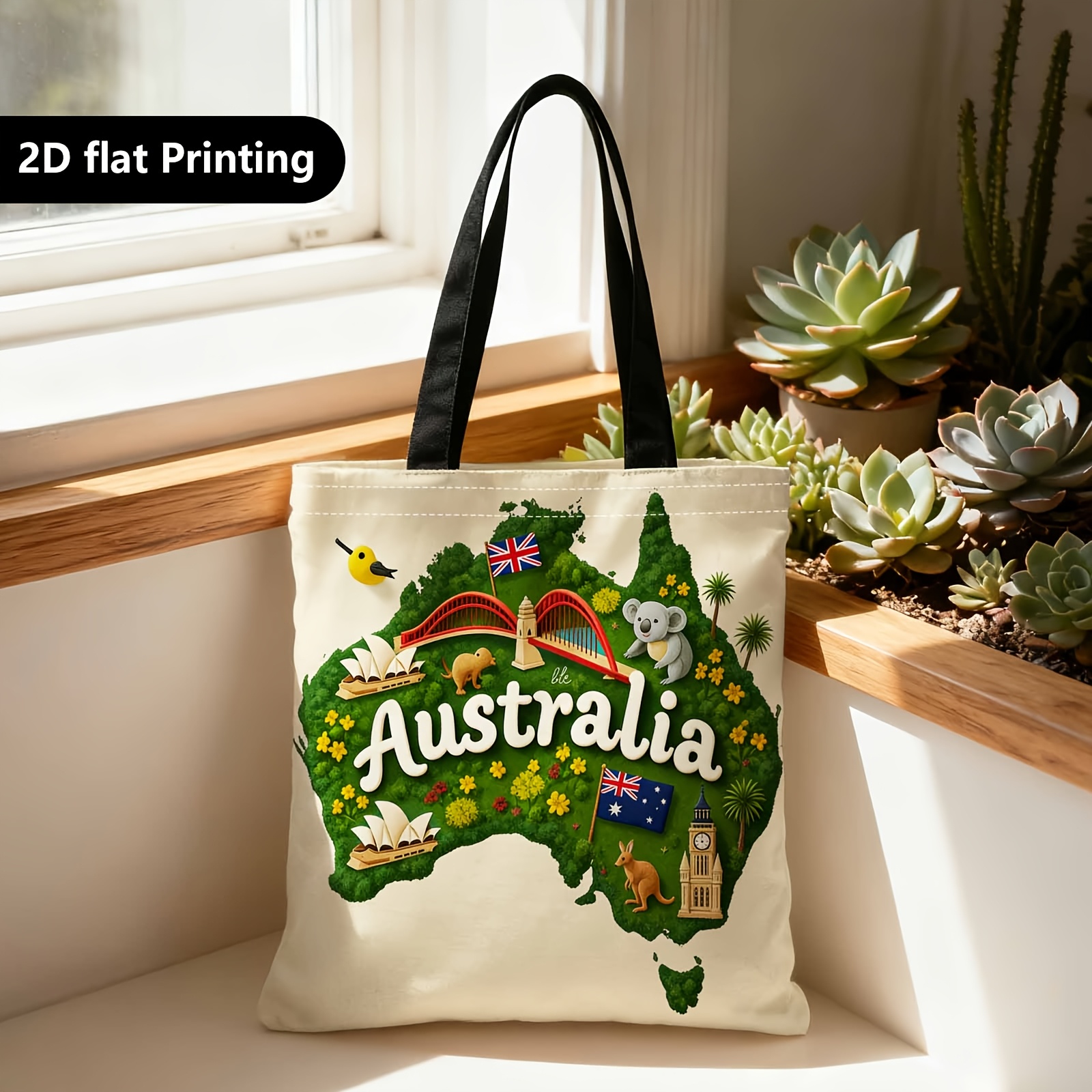 TEMU 1pc Australia-themed Tote Bag With Sydney Opera House & Kangaroo Print - Double-sided Handbag Suitable For Travel,, Shopping, Gift For Australia