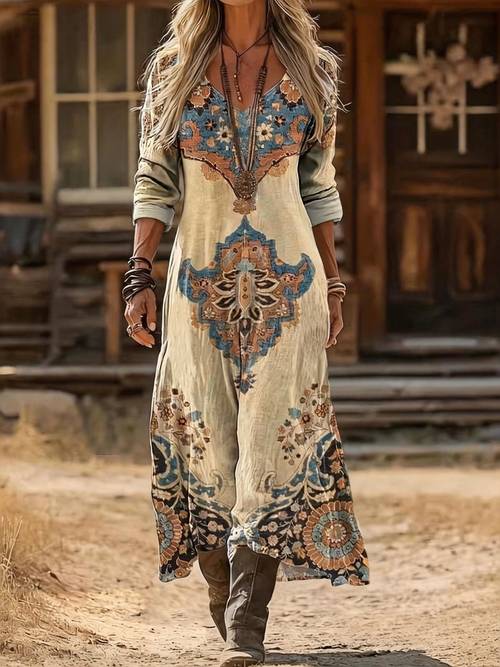 item picture womens printed a line dress elegant party and casual wear autumn winter daily and formal occasions full print v neck long sleeve casual dress