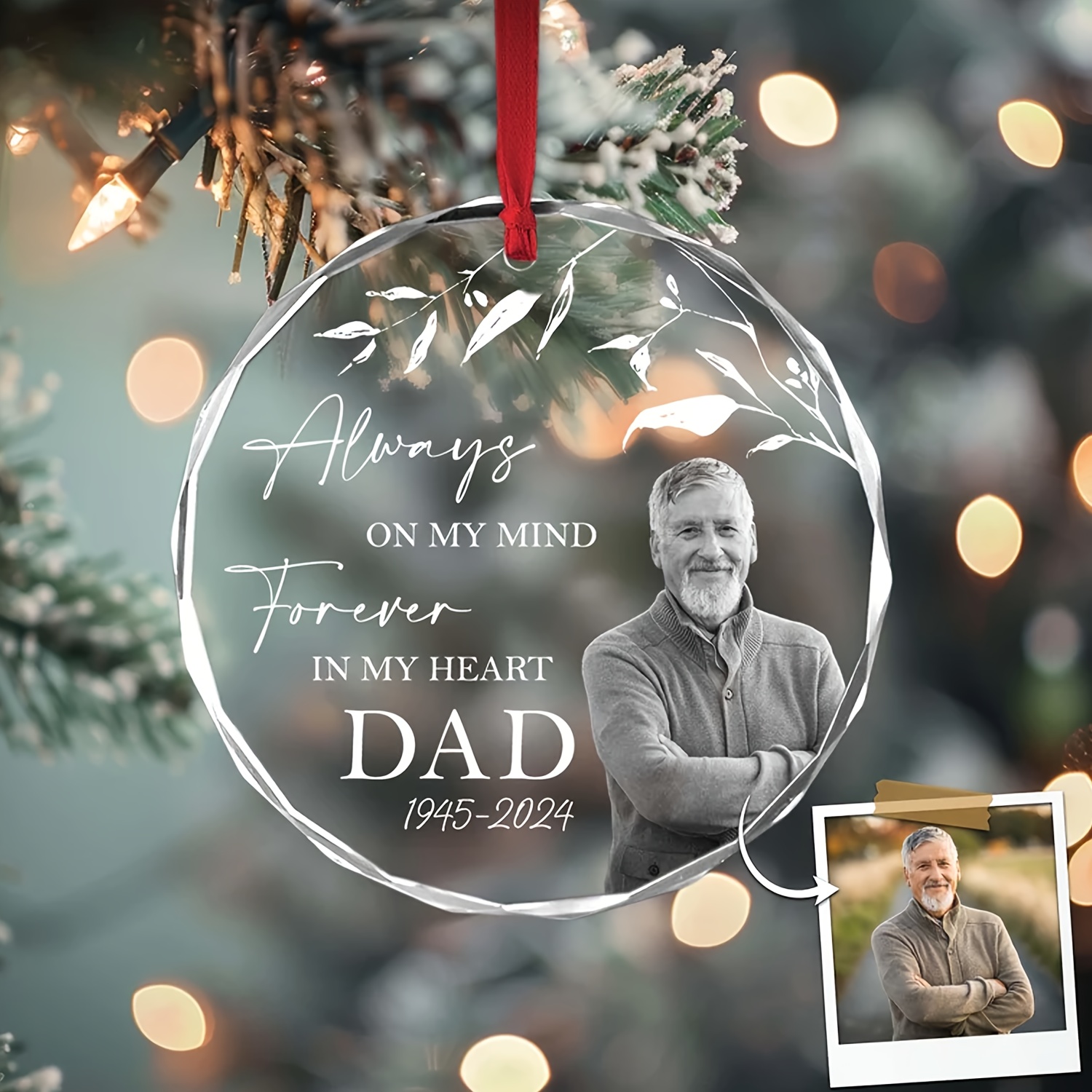 

1pc Personalized Photo Memorial Ornament, Christmas Tree Decoration, Glass Keepsake For Soldier, Loss, Father's Day Gift, No Electricity Required, Featherless