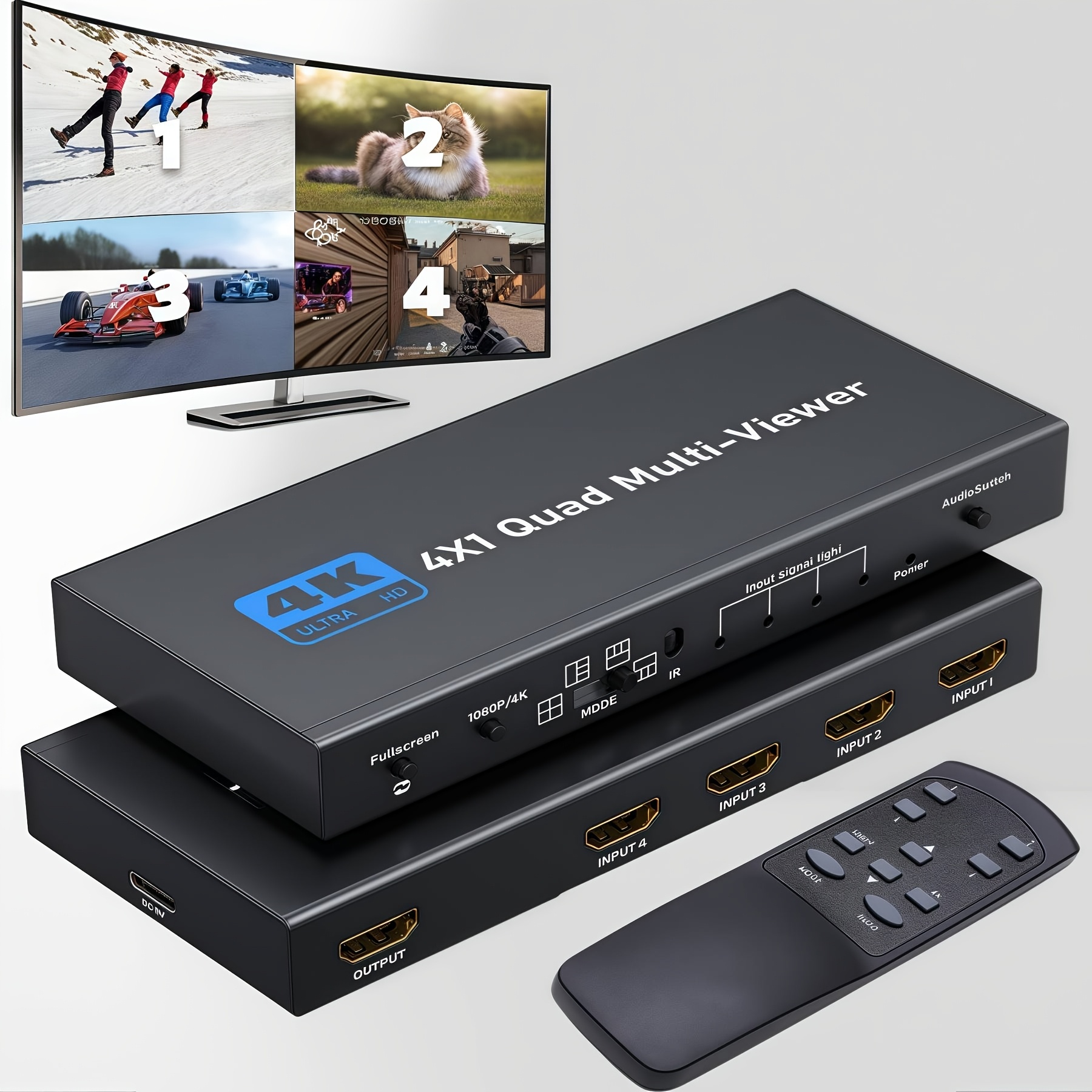 4x1 Hdtv Multi-viewer Switch, Seamless Switcher 4x1 Multi-viewer 4in 1 Out/in, 4k@ & 5 Display Mode, For Tv/pc/stb/dvd With Ir Remote Control, No Battery Required