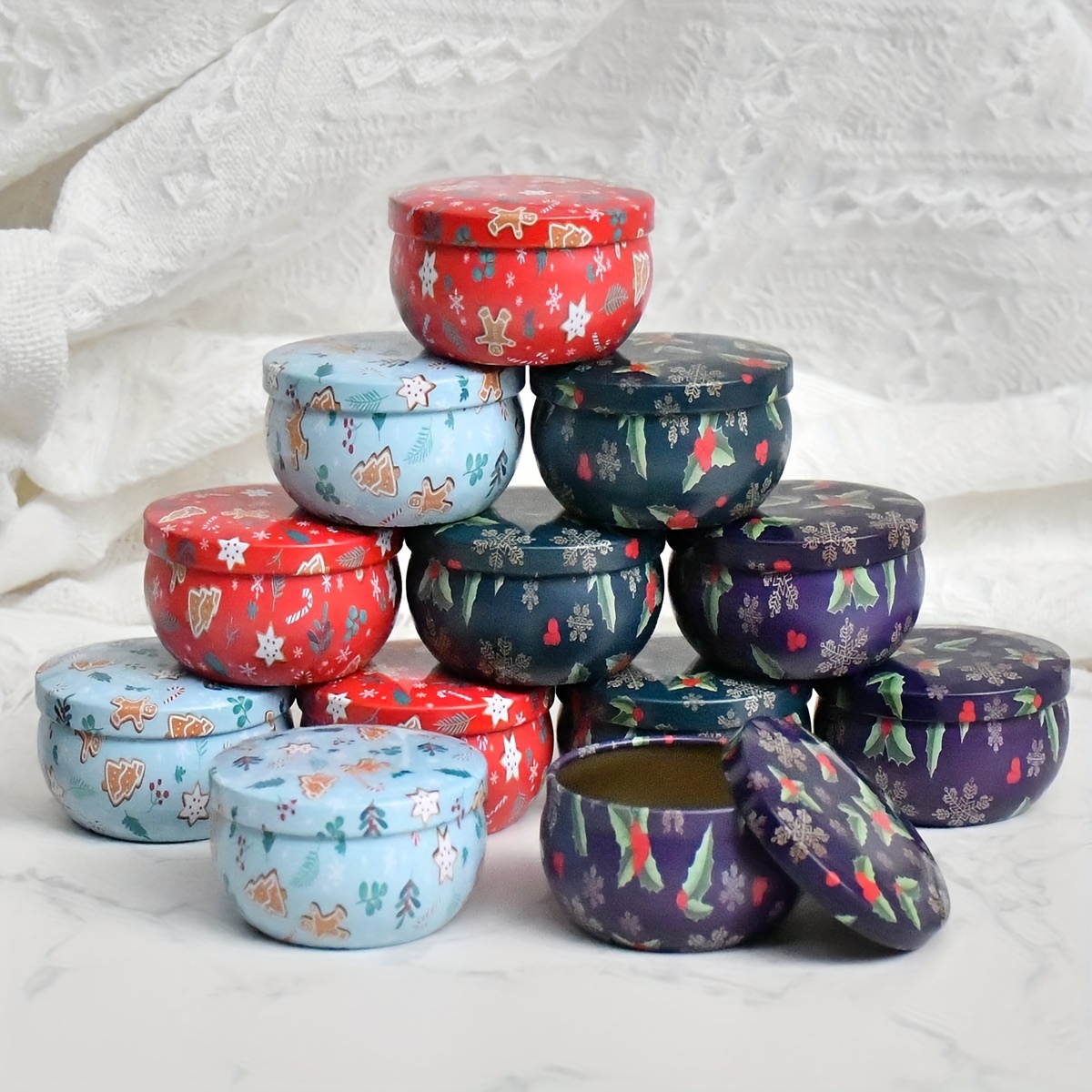 

12-pack Christmas Themed 2.2oz Iron Tin Candle Jars - Empty Aromatherapy Candle Containers For Diy Candle Making - Festive Red, Blue, Dark Green Travel Tins