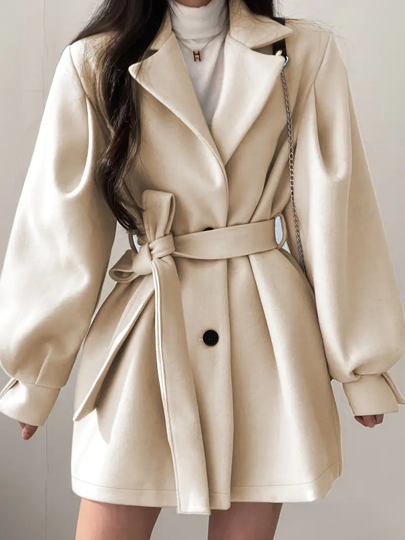 manteau d hiver beige pour femme - à col avec ceinture, manches courtes et structure rigide. col lavable machine idéal pour bureau, décontracté ou (automne/hiver) Détails du produit 0