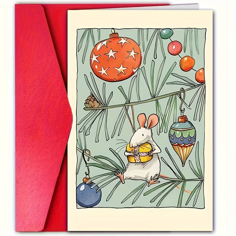 TEMU A Vintage Hand-painted Little Mouse Christmas Card: " Holiday Illustration Of A Little White Mouse Holding A Gift Pine Branches And Colored