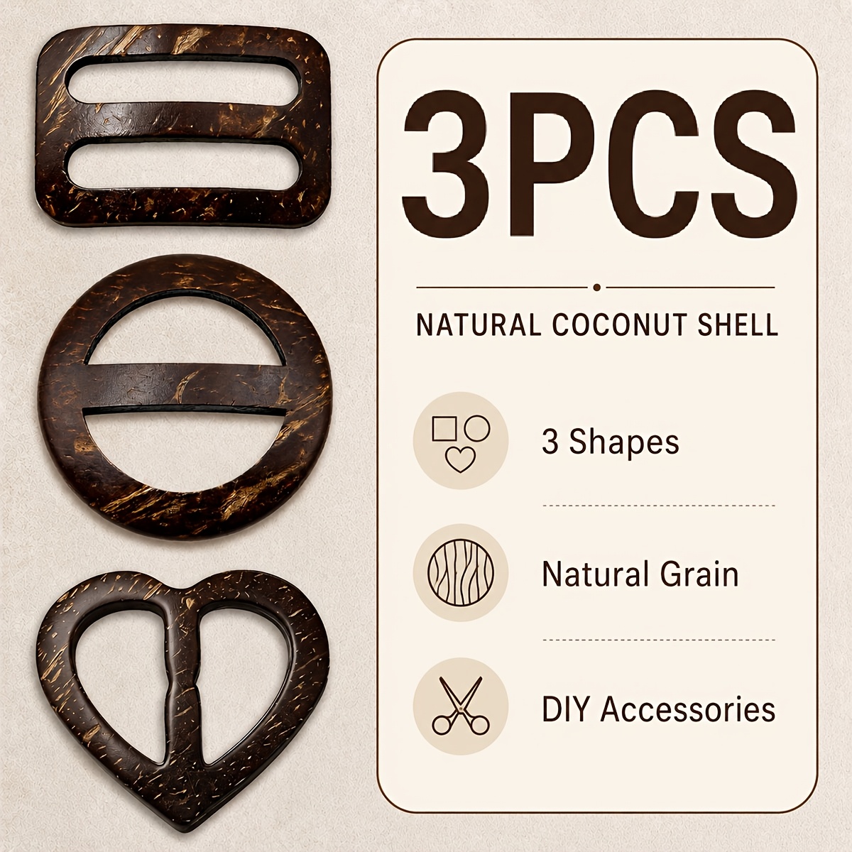 TEMU 3pcs Coconut Shell Buckle Set, 3 Assorted Shapes For Bags, Belts, Clothing And Diy Sewing Crafts