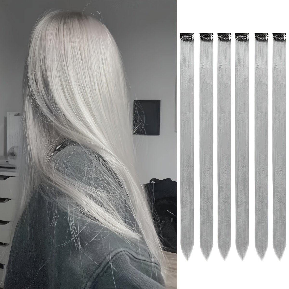 E-shop 6 Stk. silbergraue bunte Haarverlängerungen 24 Zoll hitzebeständige synthetische Haare glatte Perücke Haarteil für Damen Mädchen Partygeschenk
