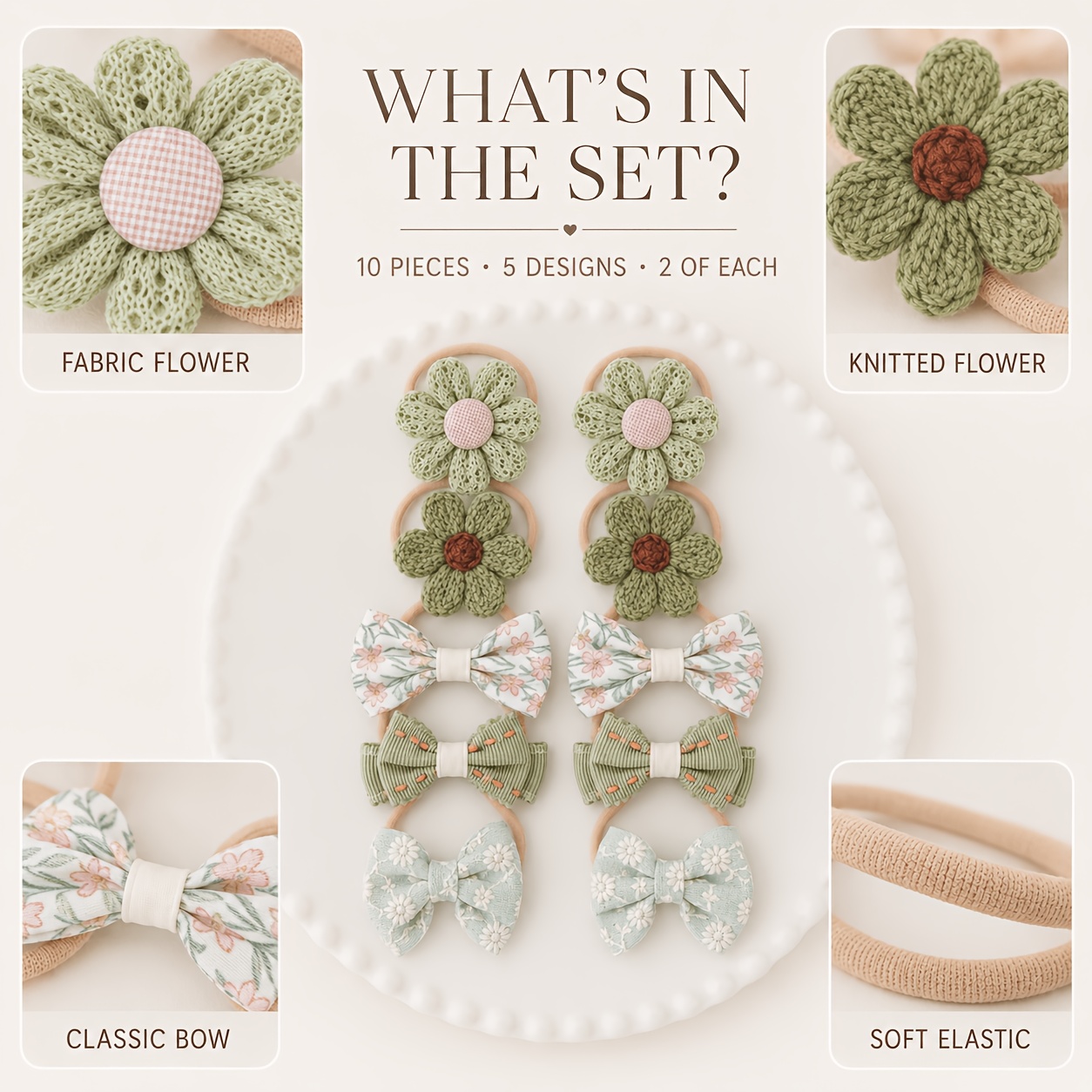 Image of 10pcs Set Of Women's Floral Bow Hair Ties, With 2pcs Each, 3 Styles From, Soft Fabric Elastic Hair Ties, Suitable For Ponytails, Buns, Half-up Styles, And Commuting, Dating, And Travel.