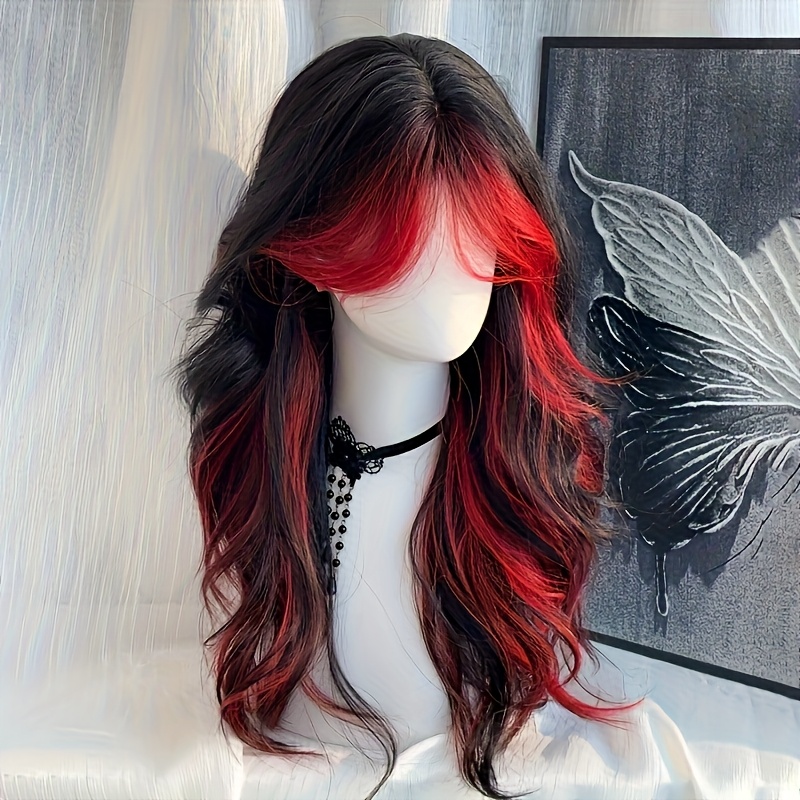 TEMU A Daily Wig Suitable For Everyone, Black And Red, Dyed With Medium And Large Waves, Long Hair, Fashionable And Elegant, Party And Party Universal Wig Halloween Wigs