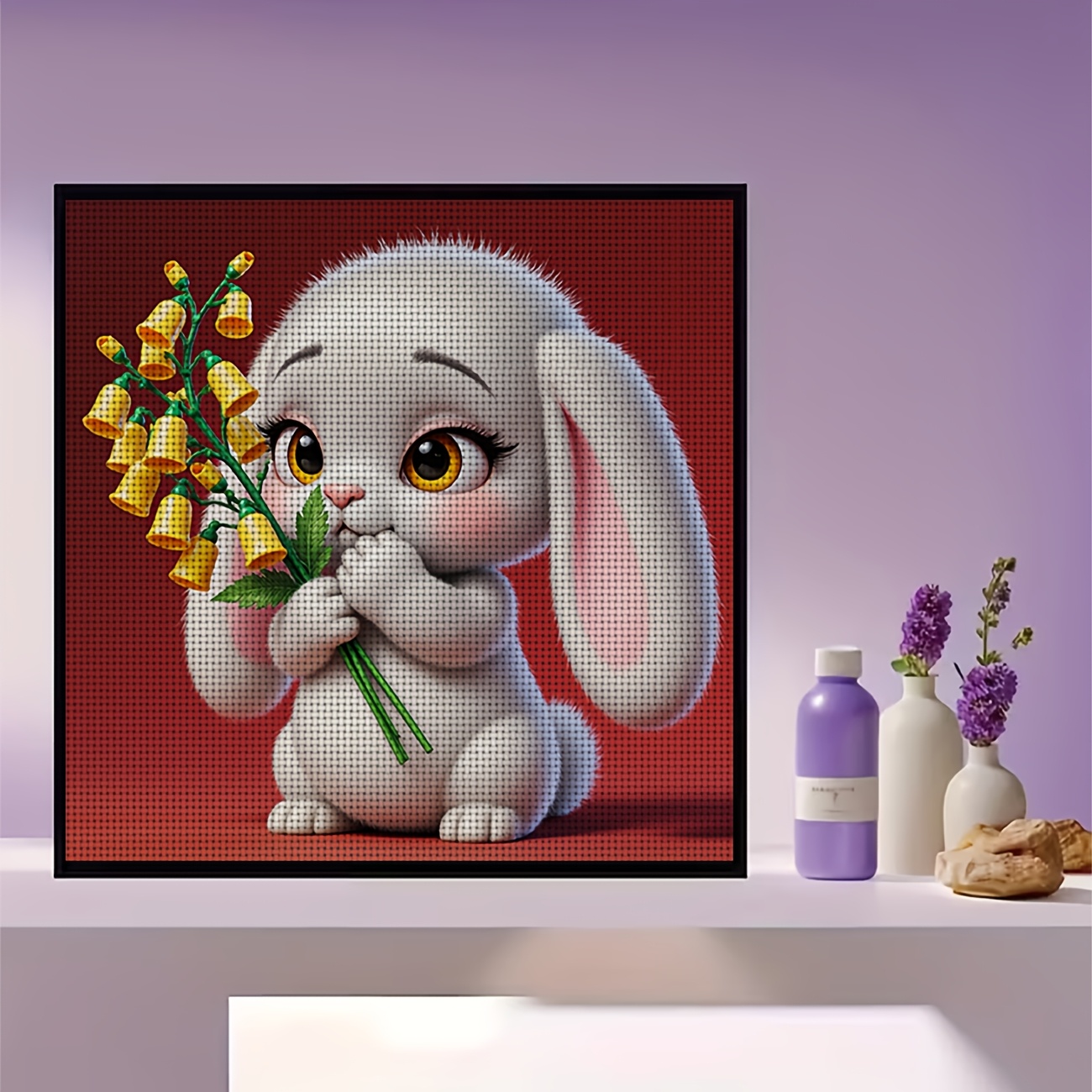 Cross-Stitch Printed Kit, White Rabbit Holding Yellow Flowers Design