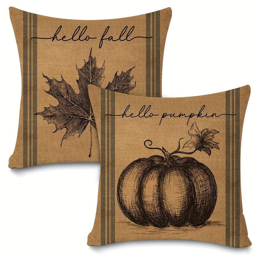 

2-piece Vintage Farmhouse Fall Throw Pillow Covers - Autumn Thanksgiving & Design, Blue Stripe Burlap Linen Cushion Cases 16x16, 18x18, 20x20 Inches - Zip Closure, Machine Washable (no Insert)
