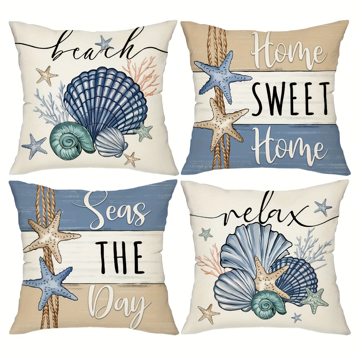

4pcs Home Sweet Home Shell Starfish Throw Pillow Covers, Seasonal Spring Summer Coral Decoratifile Cushion Covers, Home Decor For Sofa Bedroom Office Car Farmhouse, 18*18inch, Without Pillow Cores