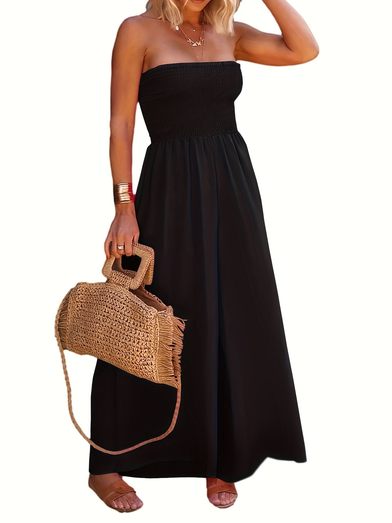 Womens Sleeveless Strapless Wide Leg Jumpsuits Summer Casual Loose Smocked  Chiffon Jumpsuit Rompers With Pockets