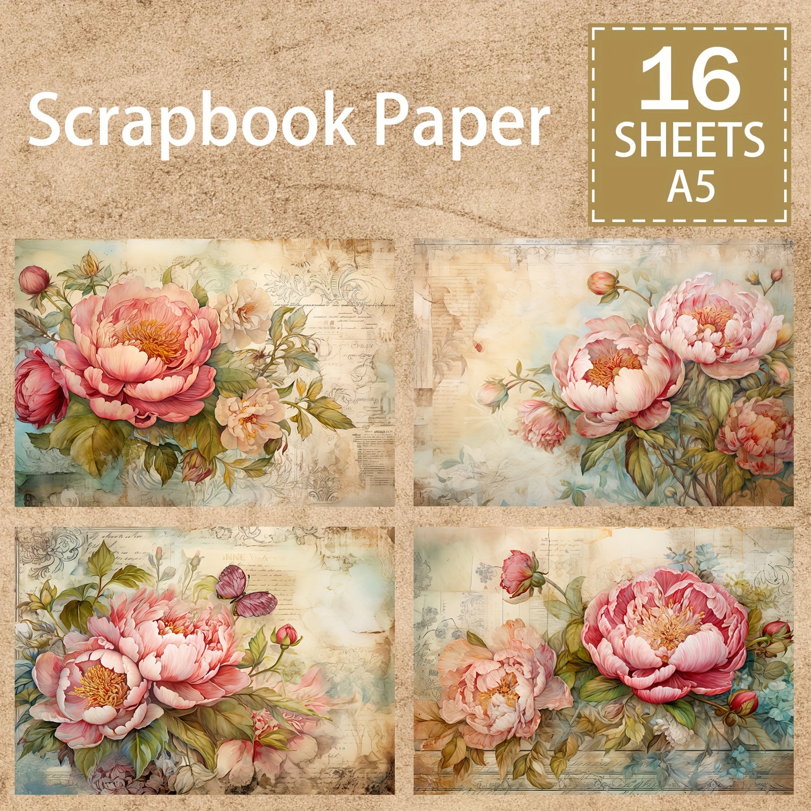 

16 Sheets A5 Size Mother's Day Retro Peony Flower Background Material Decoration Diy Retro Journal Junk Journal Greeting Card Planner Scrapbook Background Card Pad
