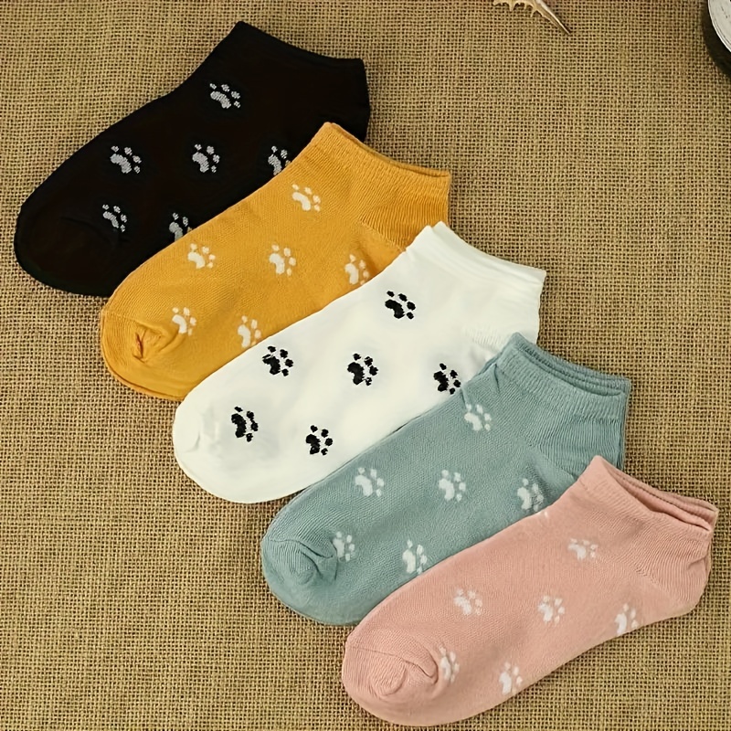 

5 Pairs Cartoon Animal Paw Print Couples' Ankle Socks, 100% Polyester Knit, Lightweight 440g/m² Fabric, Hand Wash/, Trendy Solid Socks