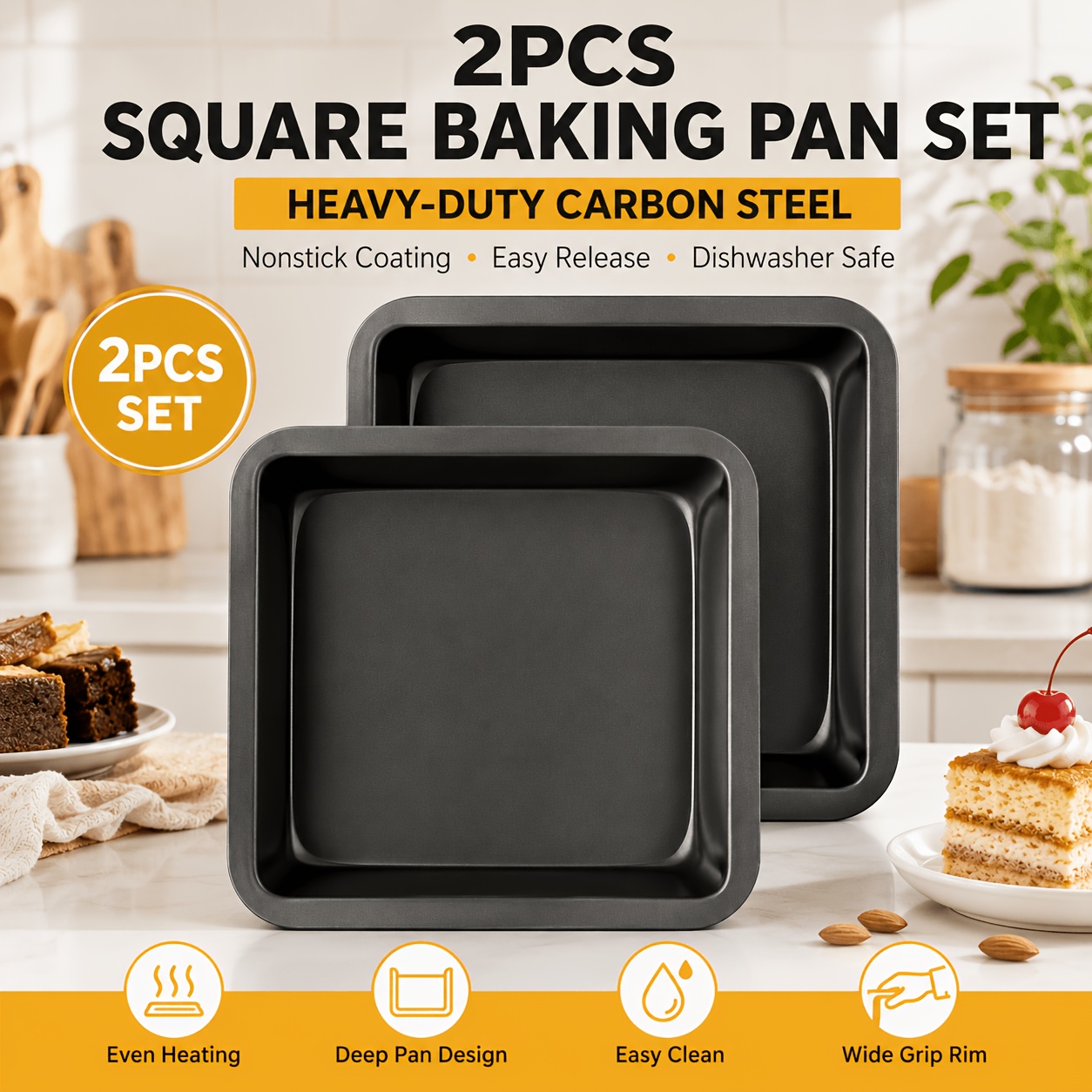 TEMU 2pcs 8.86 X 8.86-inch Nonstick Square Baking Pan Set, Heavy-duty Carbon Steel Deep-dish Cake & Brownie Pans With Wide Grip Handles, Easy-release