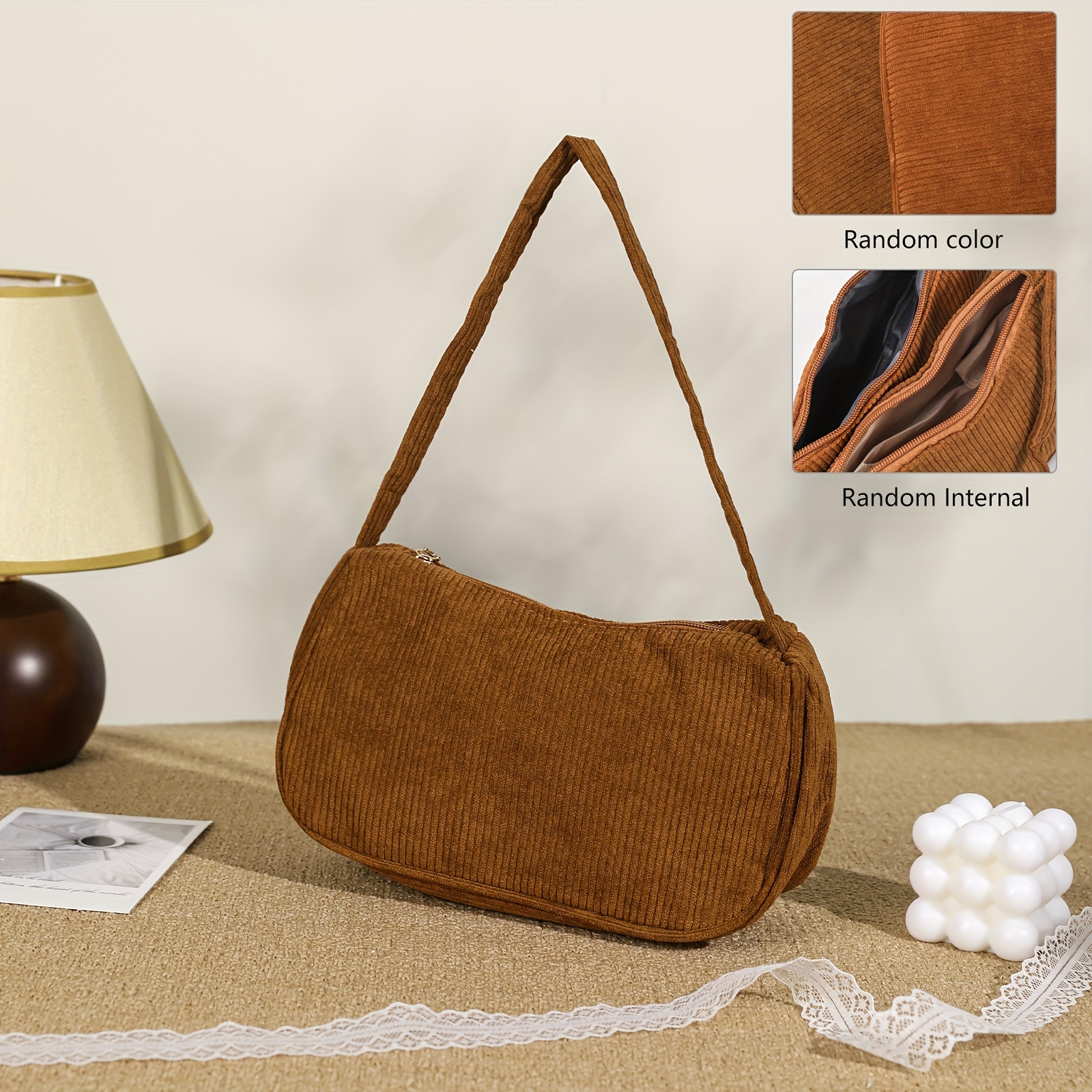 TEMU Chic Vintage Corduroy Shoulder Bag For Women - Retro Solid Color Underarm Handbag With Zip Closure, Polyester Lined