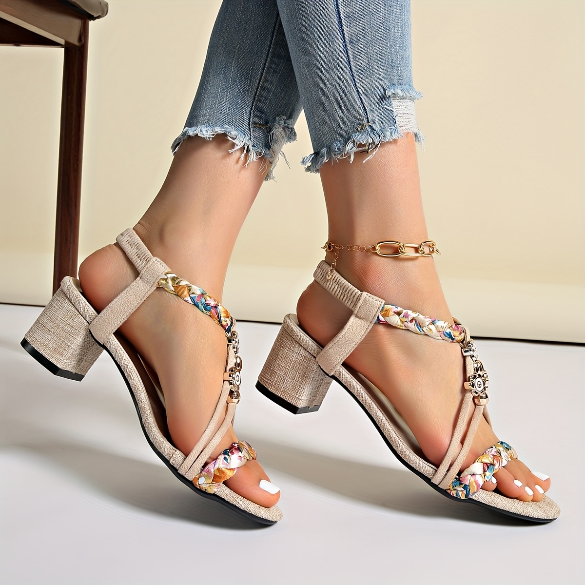 TEMU Sandales à talons compensés pour femmes rondes, perlées à , grande taille, talons compensés, élastique de cheville, sandales à talons hauts pour
