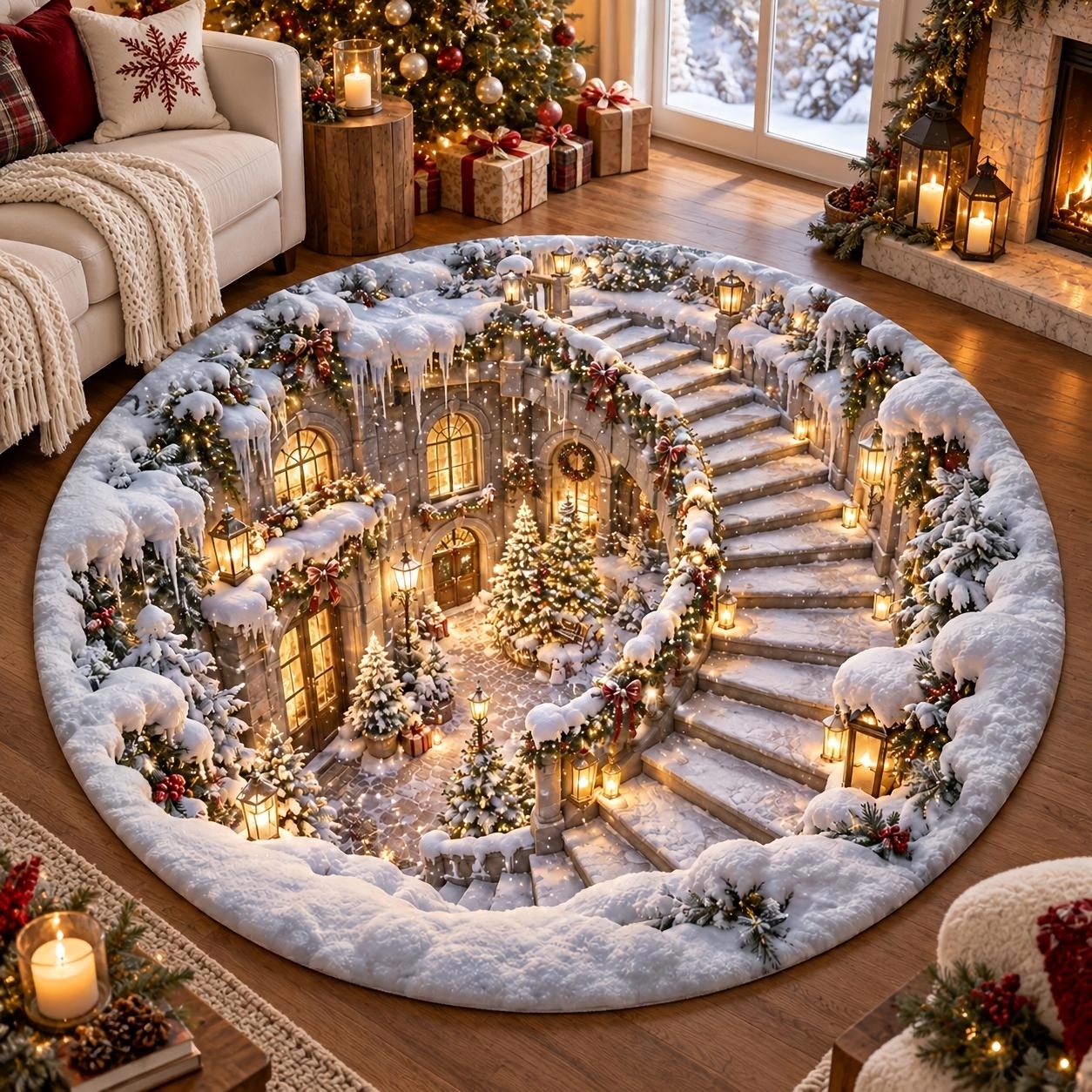 TEMU 1pc Lyahkae Suitable For Rooms Round Rug - Winter Snow Scene Carpet With Non-slip Pvc Backing, Hand Washable Soft Warm Floor Mat Suitable For