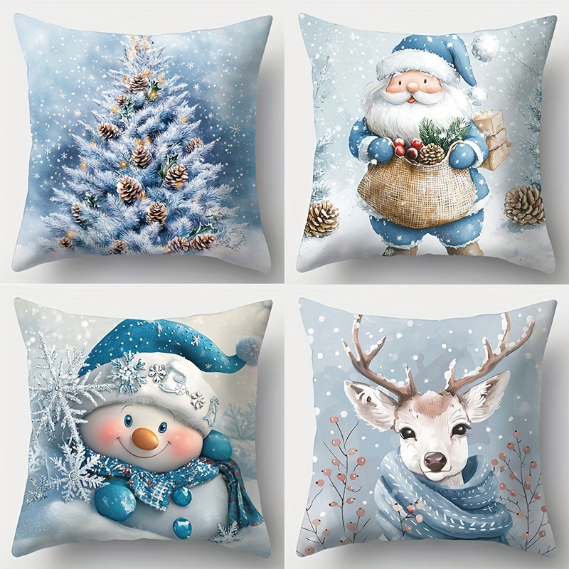 

4pcs Set Festive Christmas Pillow Covers - Santa, Tree, Snowman & Deer Designs | Soft Polyester, Zip Closure | Living Room & Office Decor | Machine Washable | 17.72" Square, Best For Christmas