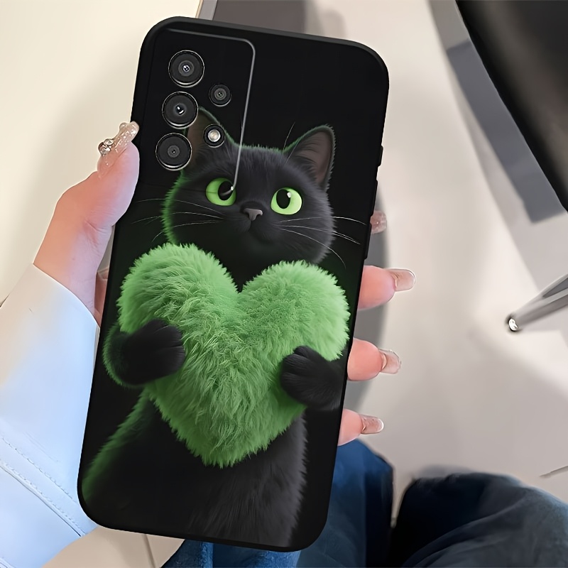 TEMU Phone Case: Cute Black Cat Hugging Green Heart Durable Dark Tpu Matte Phone Case, Suitable For Galaxy A04 A04s A05 A05s A06 A13 A14 A15 A16 A22