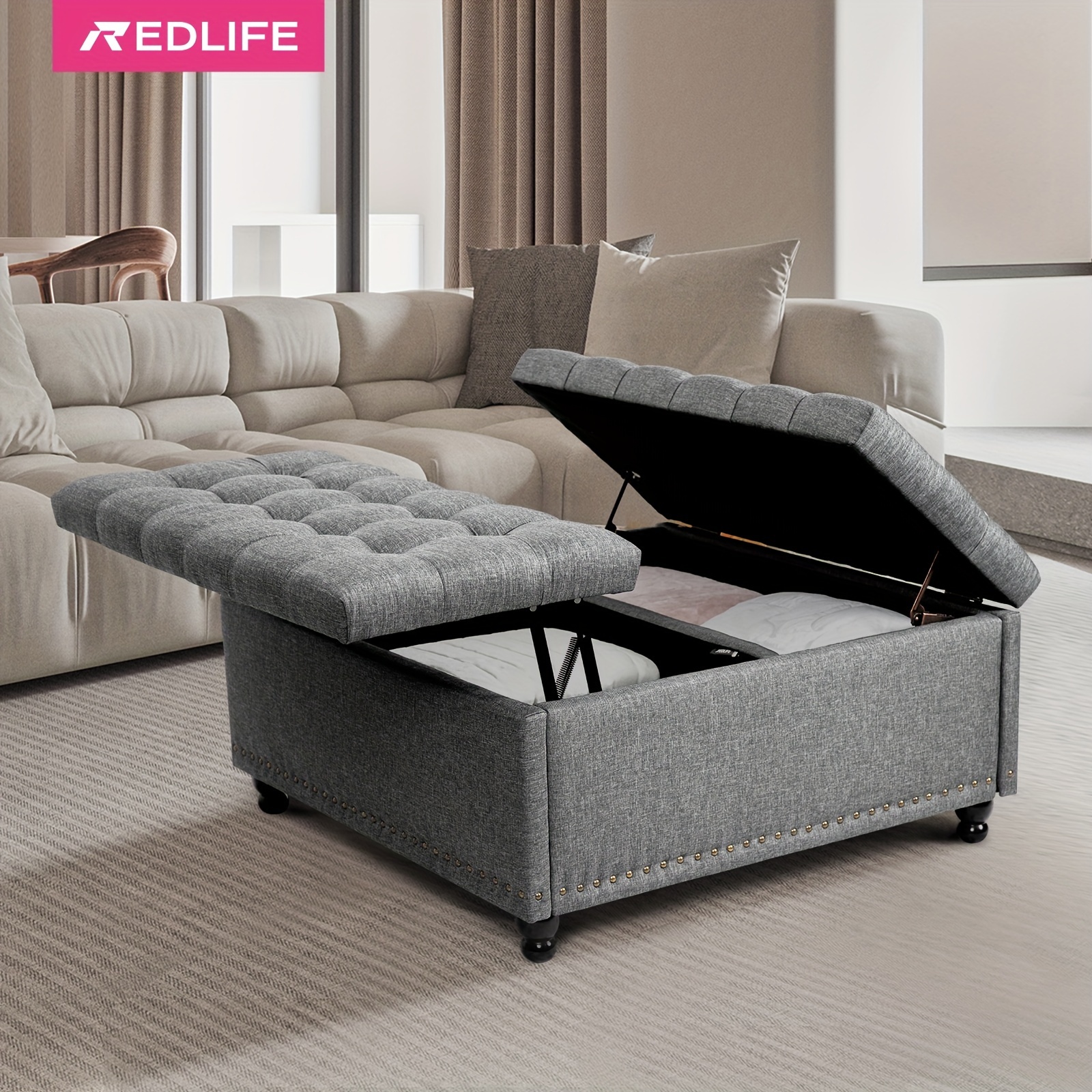 

Redlife 35 Inch Large Square Storage Ottoman Bench, Storage Ottoman Coffee Table Large Square Ottoman With Storage Lift Top Tufted Storage Ottoman For Living Room