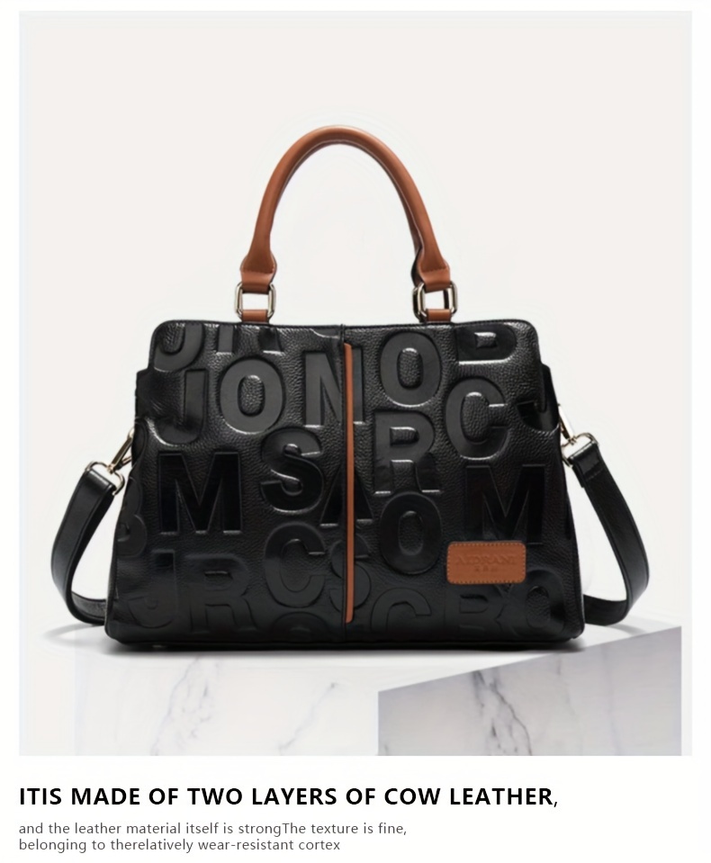 genuine genuine leather womens handbag   handbag with brown genuine leather accents embossed letter design large capacity handbag for everyday use genuine leather purse Product details 1