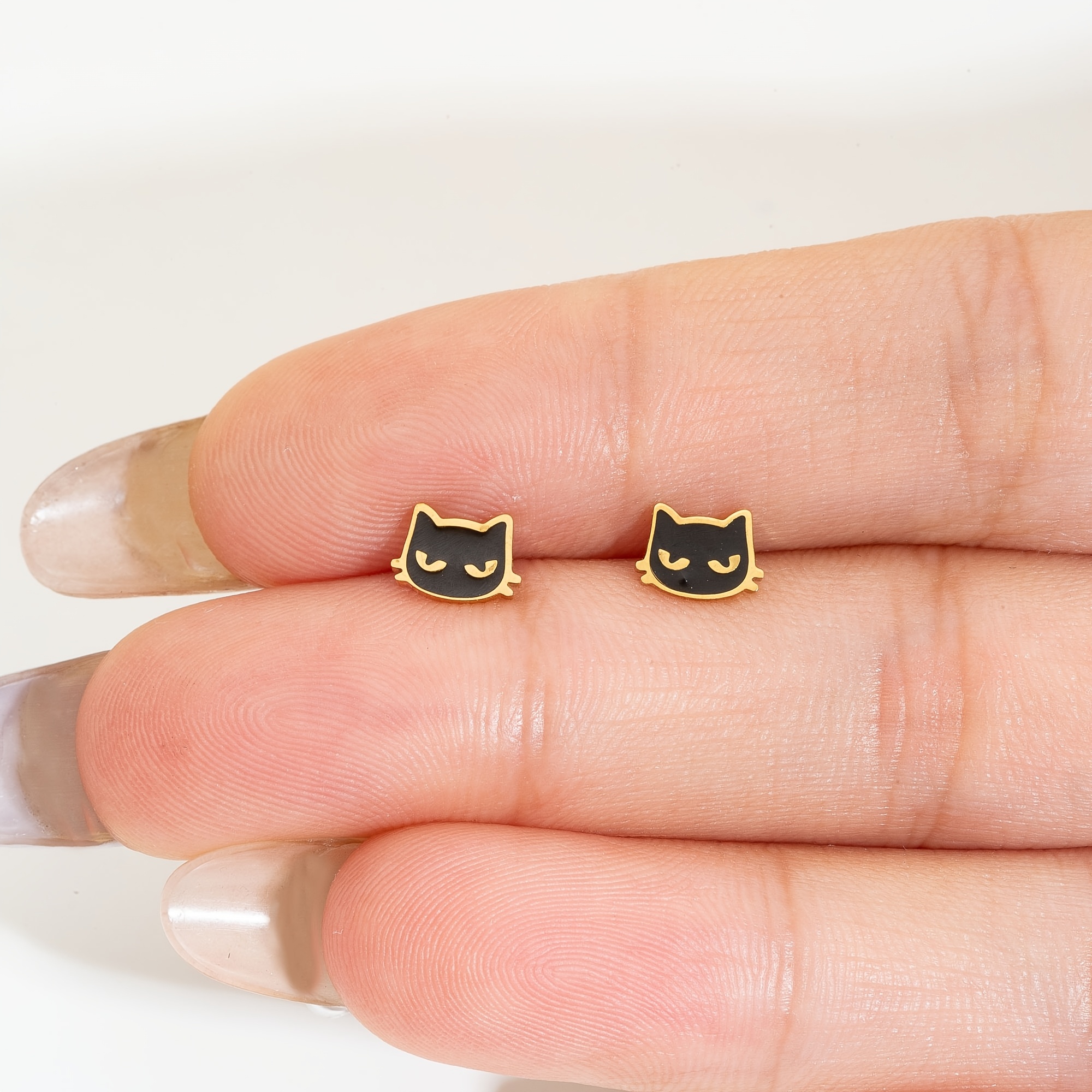 TEMU Boucles d'oreilles clous en acier inoxydable 316, Boucles d'oreilles clous chat en émail noir pour Halloween, à visser, Hypoallergéniques, Pas