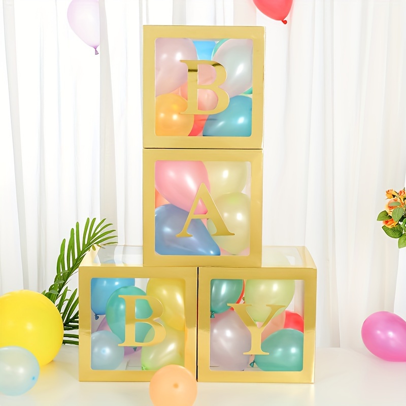 

Set/4pcs, 9.85 Inch Baby Boxes With Letters For Baby Shower White Clear Block Box Transparent Balloon Boxes Birthday Party Decoration Gender Reveal Gift Box (excluding Balloons)