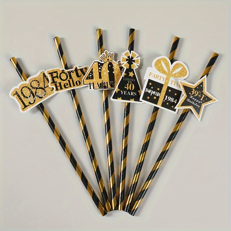 

30th Birthday Party Straws, Set Of 6 Black & Golden Paper Drinking Straws With Assorted 1984-themed Decorations, Anniversary Celebration & Party Supplies