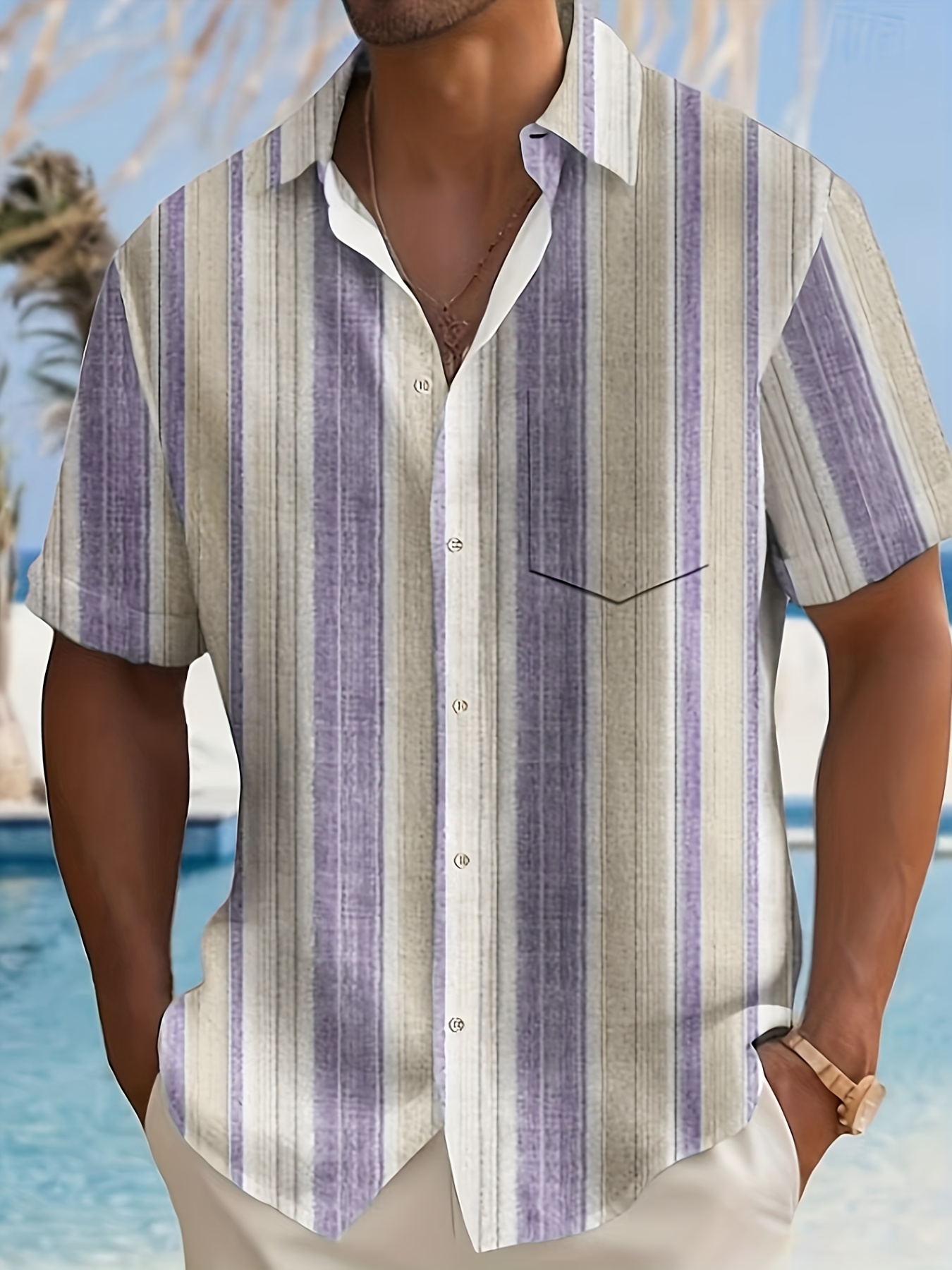 Men'S Casual Striped Short Sleeve Button-Up Shirt - Light Blue & White Vertical Stripes, Collar, Regular Fit Summer Casual Wear, Short Sleeve Button Blouses, PLUS SIZE