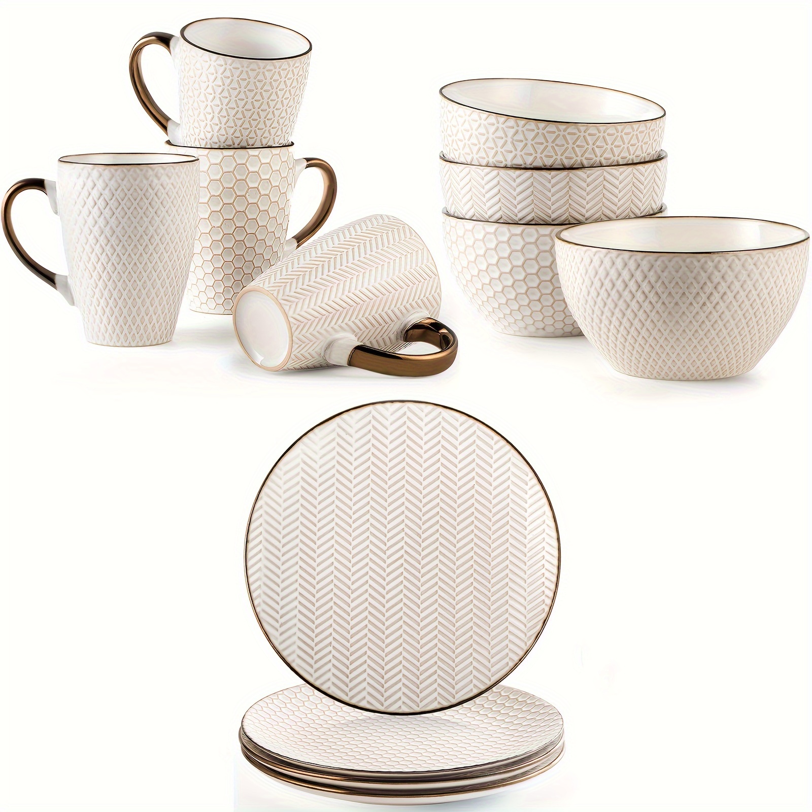 

Embossed Ceramic Dinnerware 12 Pieces - 16 Oz Coffee Mugs 26 Oz Cereal Bowls And 10.5 Inch Dinner Plates Sets - Resistant Scratch Oven Microwave Dishwasher Safe - Service For 4 - White