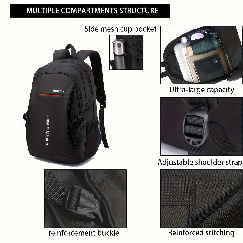 TEMU Stylish & Durable Nylon Backpack For Women And Men - Spacious, Travel Bag With Practical Pockets For Work & College - Black